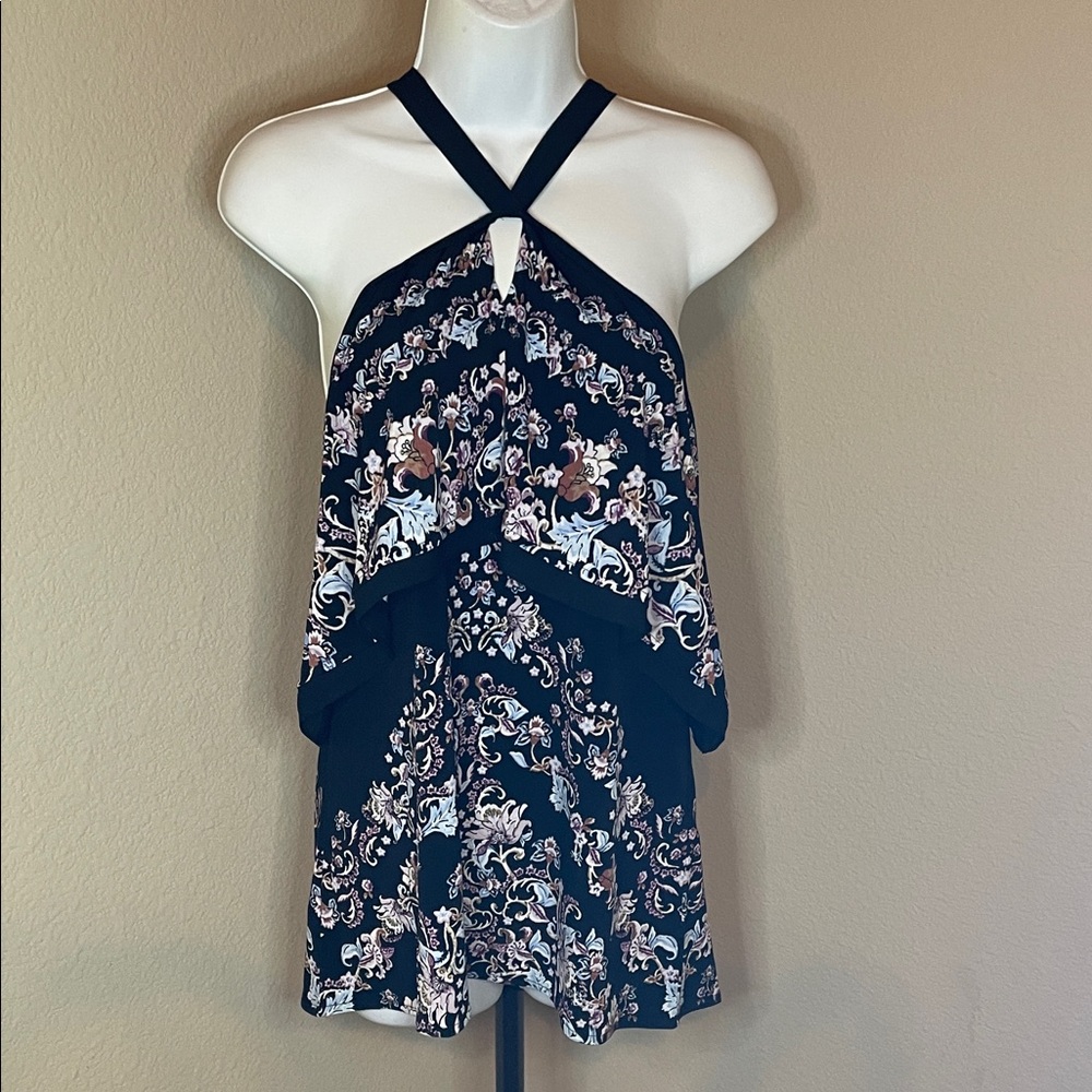 White House Black Market Black and White Floral Halter Blouse